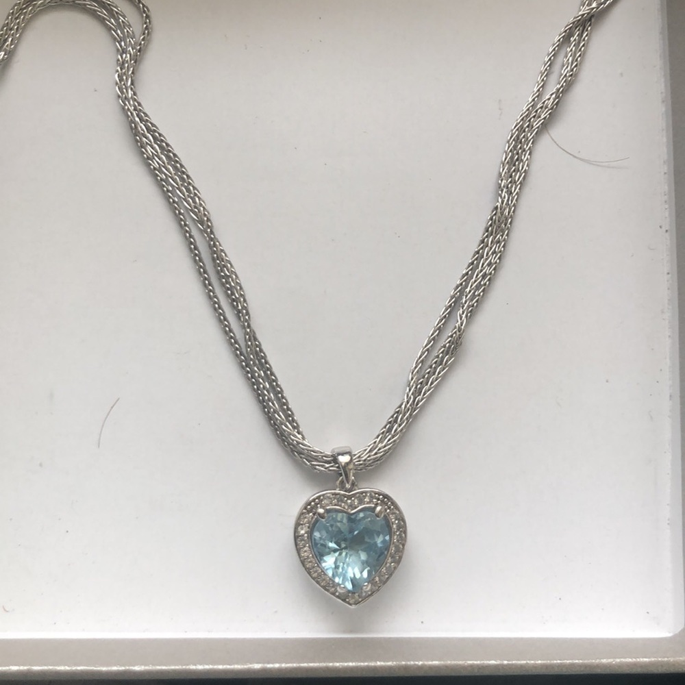 Aquamarine and diamond heart shaped, with silver necklace